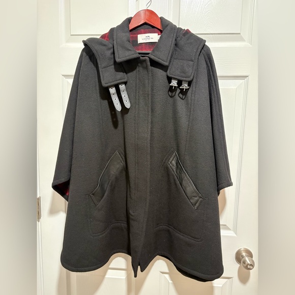 Coach Black Wool Blend Cape w/Plaid Interior & Detachable Hood Size M/L F18030 - Picture 4 of 10